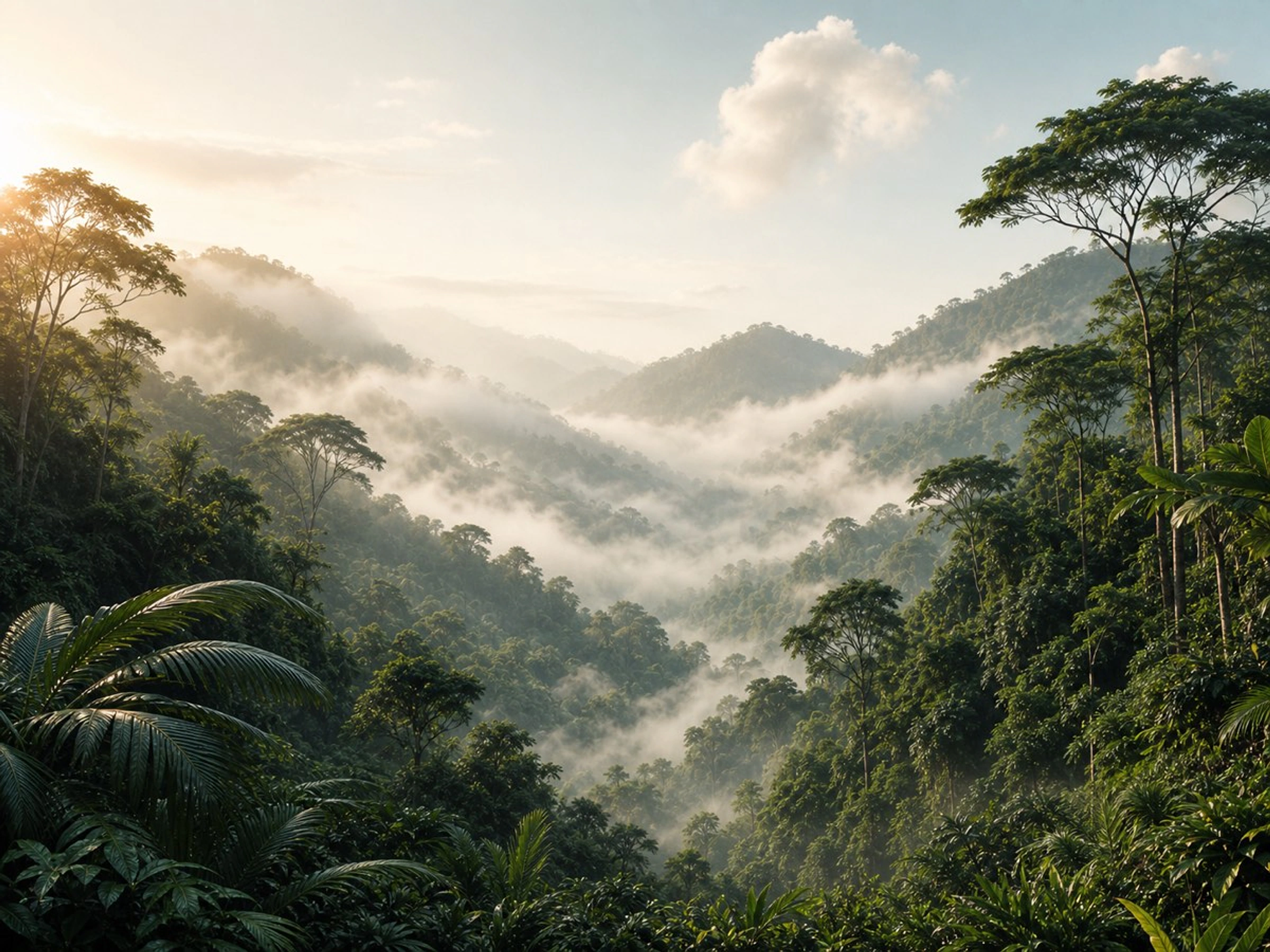 Valle de selva tropical con neblina